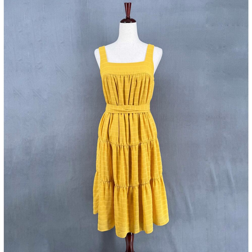 Slate Willow Golden Yellow Sleeveless Tiered Midi Dress 4‎ Tie Waist Square Neck